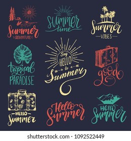 Vector set of hand lettering with summer motivational phrases and sketches. Calligraphy inspirational quotes collection. Travel icons.