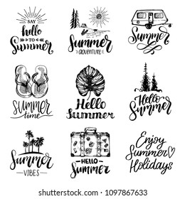 Vector set of hand lettering with summer motivational phrases and sketches. Calligraphy inspirational quotes collection. Travel icons.