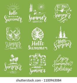 Vector set of hand lettering with summer motivational phrases and sketches. Calligraphy inspirational quotes collection. Travel icons.