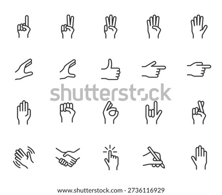 Vector set of hand line icons. Contains icons waving, holding, pointing, writing, clicking, handshake and more. Pixel perfect.