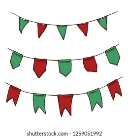 Vector Set of Hand Made Flags on the Rope. Christmas Colors Pennants. Green and Red Ornament.