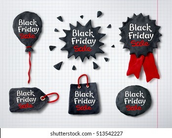 Vector set of hand made plasticine Black Friday banners with lettering on checkered paper background.