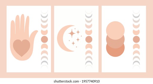 Vector set with hand and moon, stars and abstract circles, heart. Modern geometric compositions. Boho style wall decor. Delicate terracotta color. Mid-century art print.