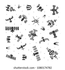 Vector set of hand painted doodle space satellite. Sketch space satellite