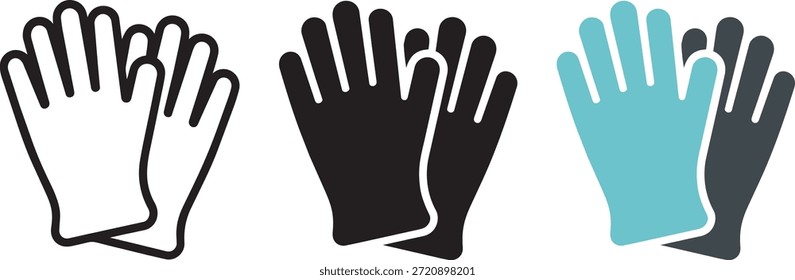 Vector set of hand protection gloves for industrial use. Illustration of safety gear icons for building maintenance and manual labor in three different styles.