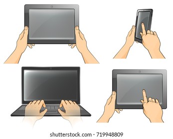 Vector set of  hand realistic icons holding various hi-tech computer and communication devices,  Isolated on wight background.