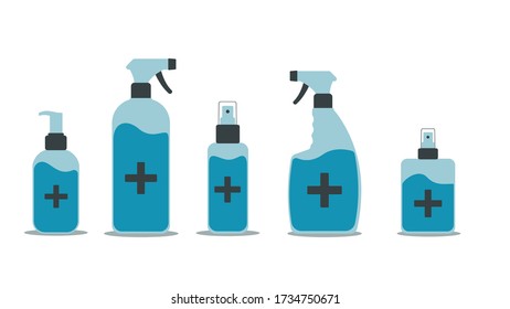 Vector Set of hand sanitizer bottles, washing gel, antibacterial spray, liquid soap. Personal protective equipment from coronavirus. Disinfection. Hand hygiene. Coronavirus protection measures.
