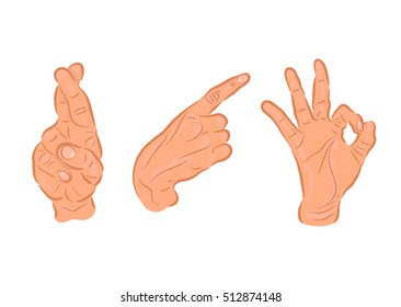 Vector set of hand signs. Crossed fingers sign. Pointing finger sign. Hand ok sign