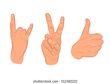 Vector set of hand signs. Rock finger hand sign. Victory hand sign. Ok, cool finger hand symbol 