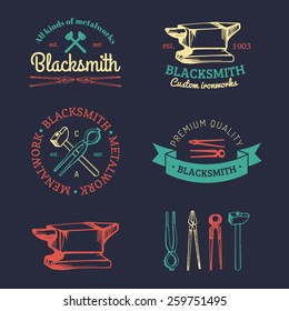 Vector set of hand sketched blacksmith logos. Vintage farrier labels collection.