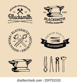 Vector set of hand sketched blacksmith logos. Vintage farrier labels collection.