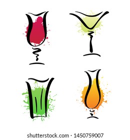 Vector set of hand sketched glasses of alcohol cocktails. Modern collection of summer traditional drink cocktails with décor element. Hand drawn poster with alcohol drinks for bar, menu, party.