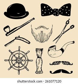 Vector set of hand sketched hipster vintage elements. Retro collection of barber shop equipments, pipe, wheel, hat etc.