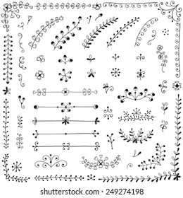 Vector set of hand sketched labels: page decoration, Premium Quality and Satisfaction Guarantee Label, antique and baroque frames and floral ornaments