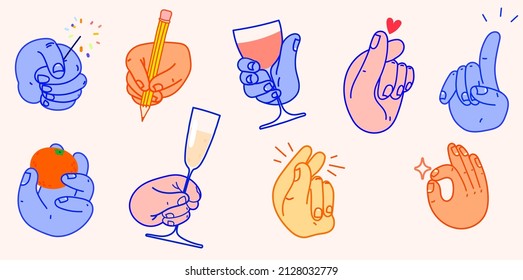 Vector set of hand. Stickerpack of hand. Colourful vector illustration hand with drink, pencil, magic wand. Simple drawing of a hand. Isolated stickers for your social media. hands icons.