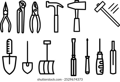 Vector Set of Hand Tools: Flathead ,Slotted, Phillips , Cross-head, Torx, Star, Hex Allen Key Screwdrivers, Needle, Long Nose Pliers, Pipe , Monkey Wrench, Hammers, Trowel, Shovel, Snow Scoop.