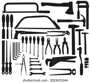 Vector set of hand tools as silhouettes on white background. Hammer, screwdriver, pliers, clamp, saw, chisel 