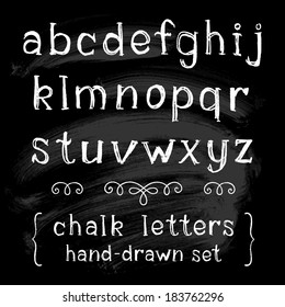 Vector set with hand written ABC letters and typography elements on black background. Chalk design