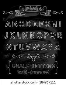 Vector set with hand written ABC letters and typography elements on black background. Chalk design