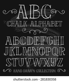 Vector set with hand written ABC letters and typography elements on black background. Chalk design