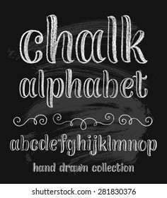 Vector set with hand written ABC letters and typography elements on black background. Chalk design. Part. 1