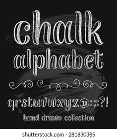 Vector set with hand written ABC letters and typography elements on black background. Chalk design. Part. 2