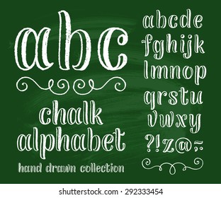 Vector set with hand written ABC letters and typography elements on chalkboard background. Chalk design