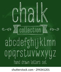 Vector set with hand written ABC letters and typography elements on chalkboard background. Chalk design