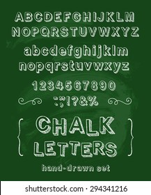 Vector set with hand written ABC letters and typography elements on chalkboard background. Chalk design