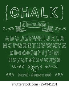 Vector set with hand written ABC letters and typography elements on chalkboard background. Chalk design