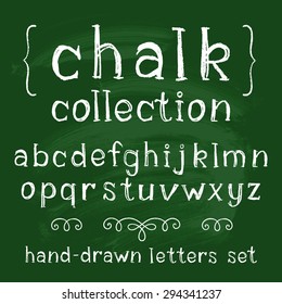 Vector set with hand written ABC letters and typography elements on chalkboard background. Chalk design