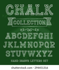 Vector set with hand written ABC letters and typography elements on chalkboard background. Chalk design