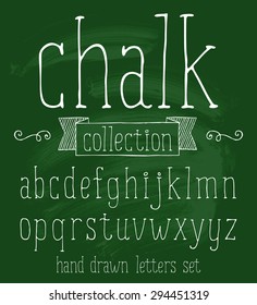 Vector set with hand written ABC letters and typography elements on chalkboard background. Chalk design