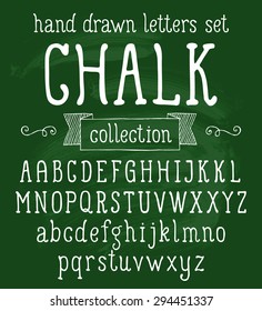 Vector set with hand written ABC letters and typography elements on chalkboard background. Chalk design