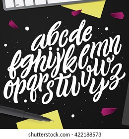 Vector set with hand written ABC letters isolated on black background. Calligraphy collection. Brush font. Typographic alphabet for your designs: logo, poster, banner, card.