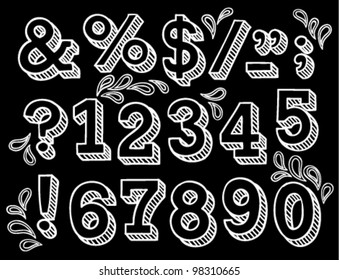 Vector set with hand written ABC letters and figures in black background