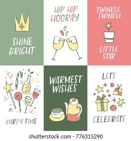 Vector set of hand written christmas phrases and quotes with illustration. Calligraphic lettering tags, postcards template. Cute winter graphic elements in trendy colors.