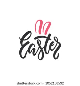 Vector set of  hand written Easter phrase .Greeting card text templates with rabbit ears isolated on white background. Easter lettering modern calligraphy style.