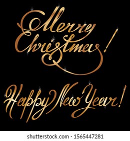 Vector set : hand written lettering, golden dhining phrases "merry christmas!" and "happy new year!" on black. Elements for holiday design of cards, posters, banners.