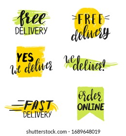Vector set of hand written phrases We Deliver, Order online Free Delivery and other. Online shopping, food and grocery delivery, sticker templates