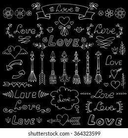 Vector set of hand written words and hand drawn isolated decorative elements on black color. Love lettering. Vector for use in design, greeting cards, posters and print invitations