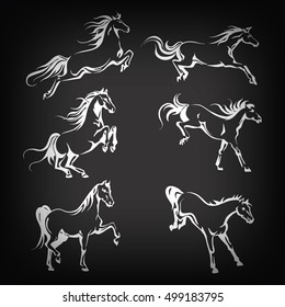 Vector set with hand-drawing graphic of a horses on blackboard for design