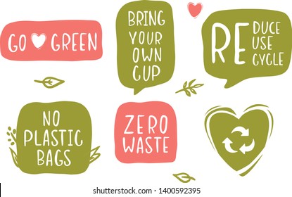 Vector set of hand-drawing inscriptions on a theme Zero Waste. It can be used for cards, brochures, poster, t-shirts, mugs and other promotional materials.