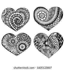 Vector set of hand-drawn abstract doodle hearts, coloring page for children and adults, for Valentine's day February 14. Black outline. Isolated on white.  