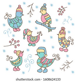 Vector set of hand-drawn abstract funny birds in winter hats, isolate on a white background