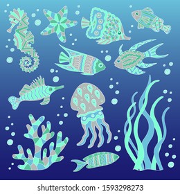 Vector set of hand-drawn abstract sea fish on a blue background, trend colors 2020