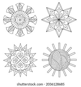 Vector set of hand-drawn abstract suns, coloring page