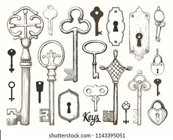 Vector set of hand-drawn antique keys. Illustration in sketch style on white background. Old design