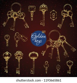 Vector set of hand-drawn antique keys. Illustration in sketch style on white background. Old design