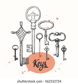 Vector set of hand-drawn antique keys. Illustration in sketch style on white background. Old design